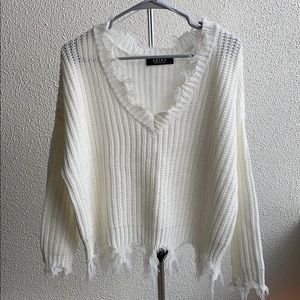 White cropped distressed sweater